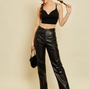 Women Faux Black Leather Trousers
