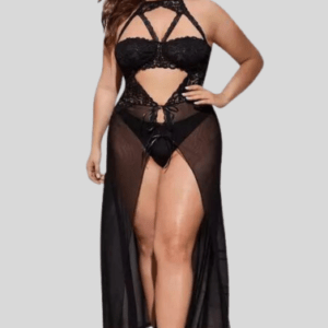 Plus-Size-Split-Long-Mesh-Babydoll-Nightwear png