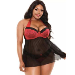 19023- Women's Halter Neck Babydoll - Black, Plus 2